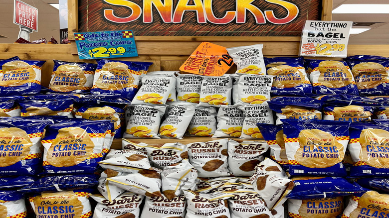 Trader Joe's display of snacks with various types of potato chips