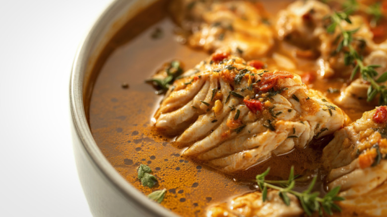 A chunky fish stew with a deep red broth a white bowl