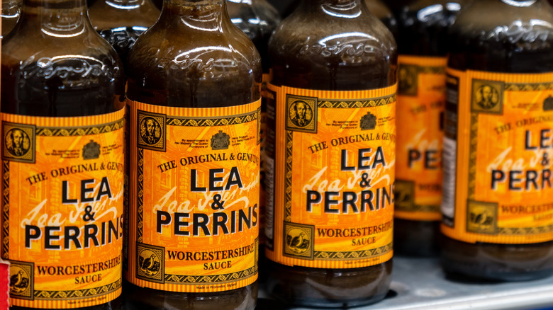 Rows of Lea & Perrins Worcestershire Sauce on a shelf