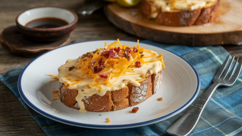 A thick piece of toast with cream sauce, cheddar cheese, and bacon bits on a white plate