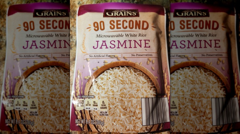 Aldi's microwavable jasmine rice sits on a counter