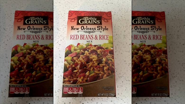 A box of Aldi's red beans and rice rests on a countertop