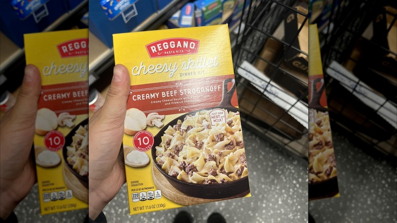 A hand holds a box of Aldi's creamy beef stroganoff