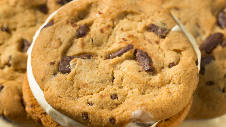 Close-up of a chocolate chip cookie sandwich