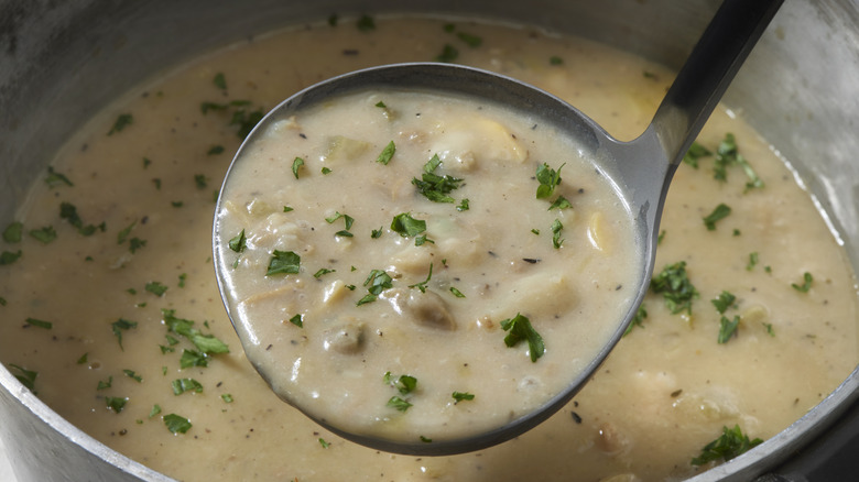 Pot of clam chowder with ladle