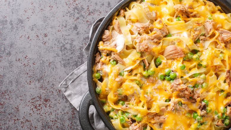 Tuna casserole in a cast iron skillet