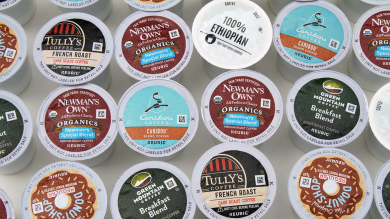 assortment of K-cups lined up in rows