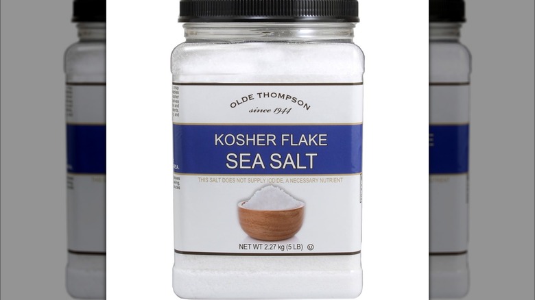 A jar of Olde Thompson Kosher Flake Sea Salt.