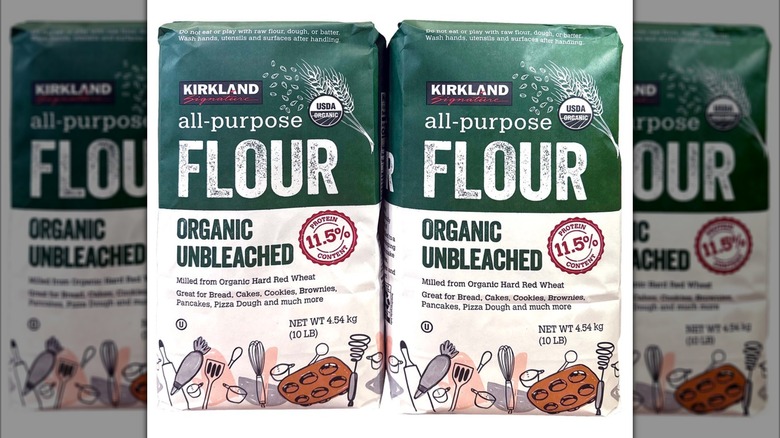 Bags of Kirkland Signature Organic Unbleached All Purpose Flour.