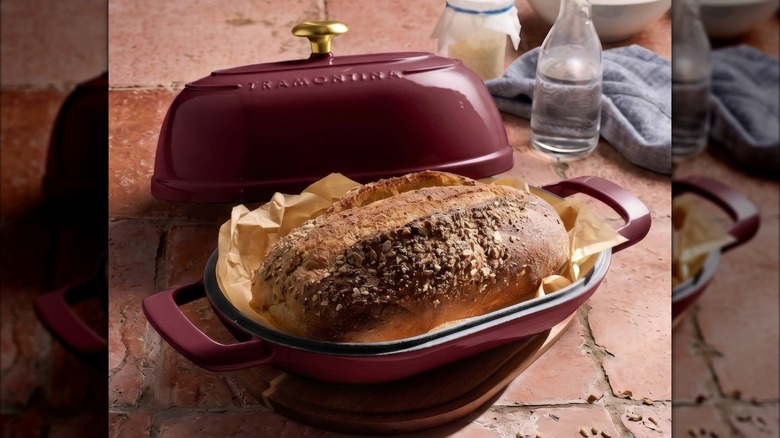 Bread in a Tramontina Enameled Cast Iron Bread Loaf Oven and Trivet Set.