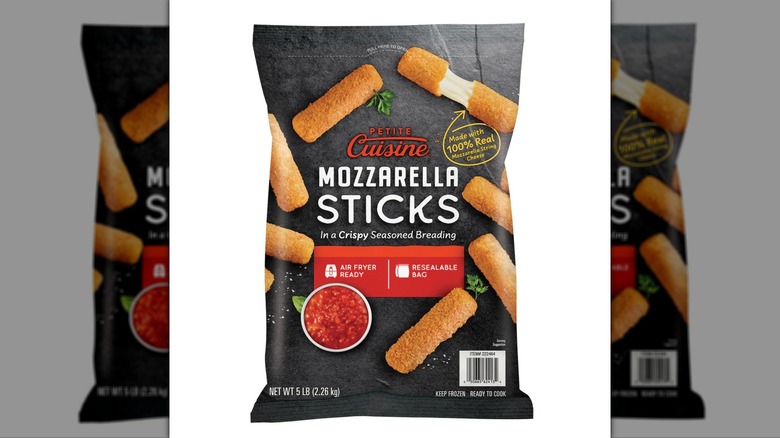 A bag of mozzarella sticks sits against a white background