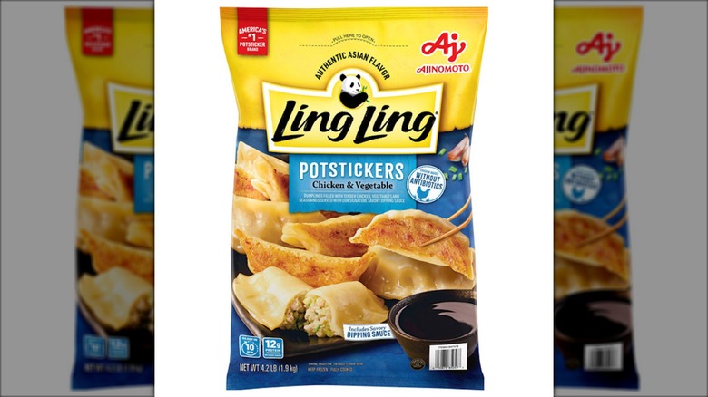 A bag of potstickers sits against a white background