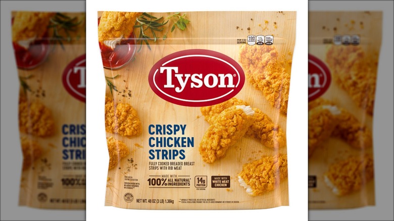 A bag of chicken strips sits against a white background