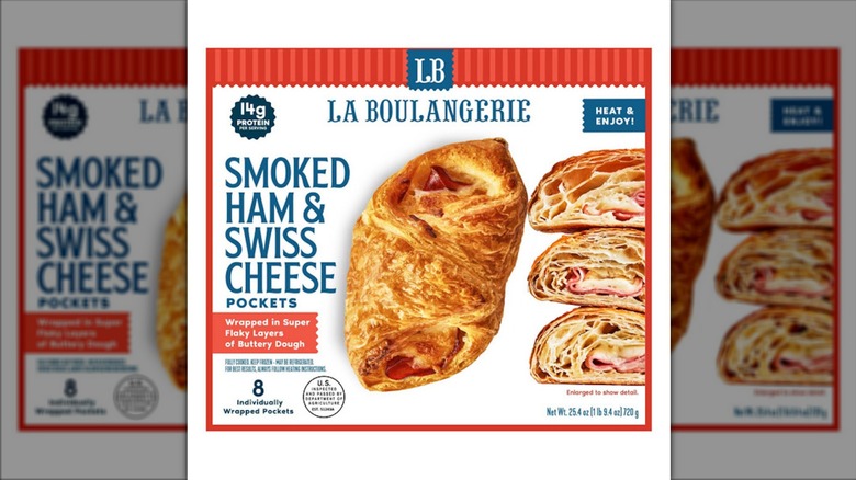 A box of ham and cheese pockets sits against a white background.
