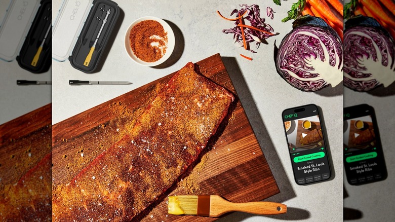 A Chef iQ Smart Thermometer and Hub next to cooked meat