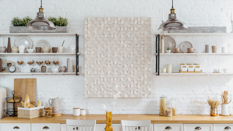 a farmhouse kitchen with open shelving