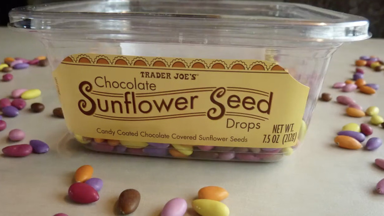 Container of Trader Joe's Chocolate Sunflower Seed Drops.