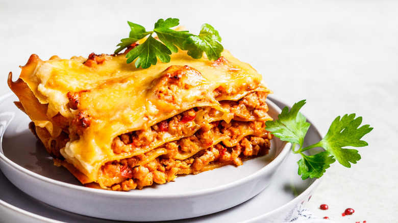 Plate of beef lasagna