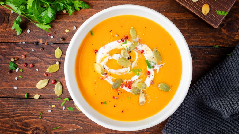 Bowl of soup with pumpkin seeds