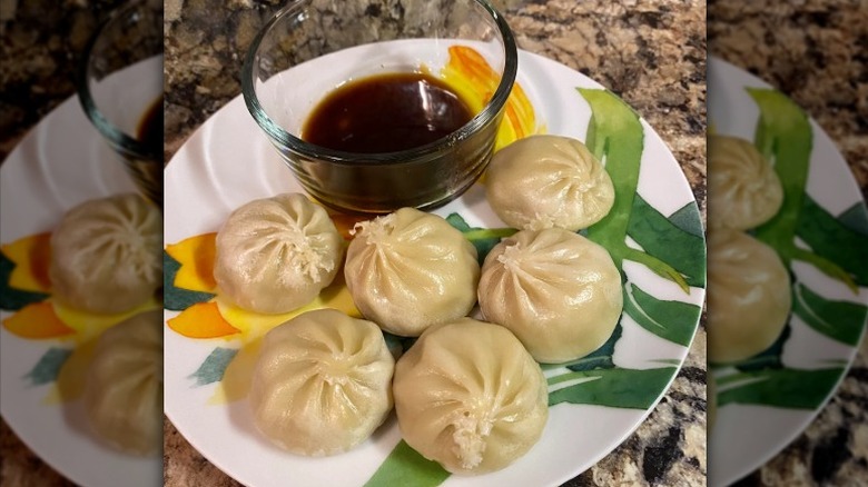 A plate of Chicken and Vegetable Steamed Dumplings by Bibigo with soy sauce
