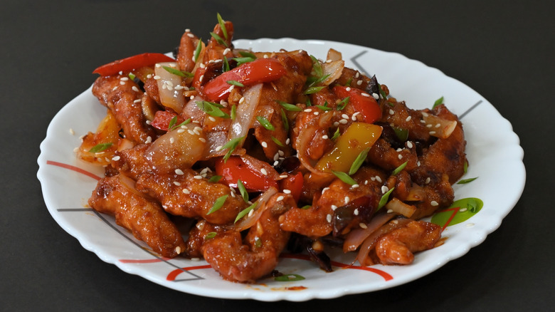 A plate of chicken stir fry
