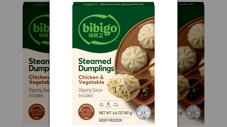 A box of Bibigo Steamed Chicken & Vegetable Dumplings.