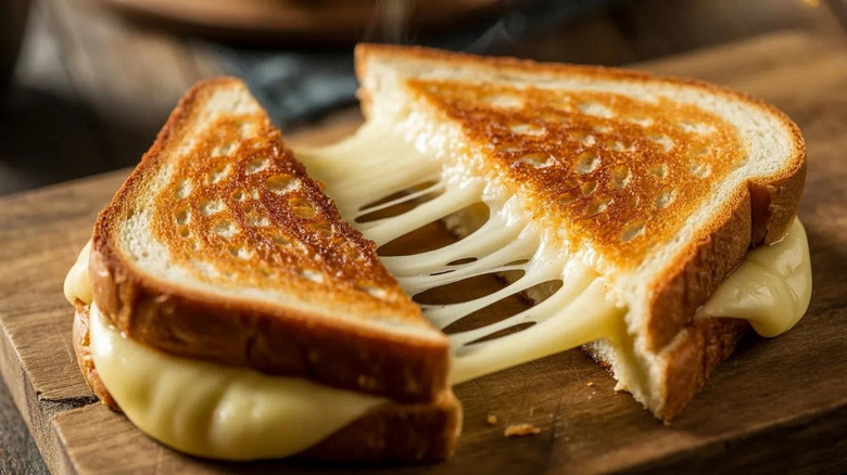 A halved grilled cheese with a cheese pull.