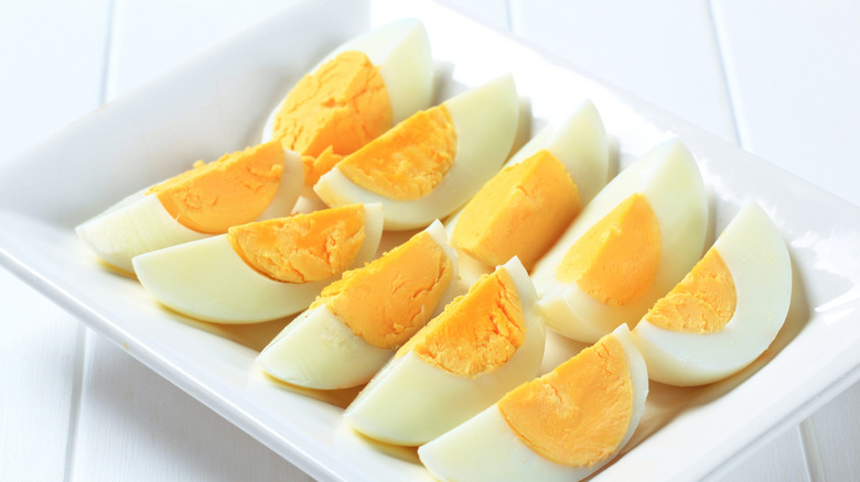 serving dish of sliced hard-boiled eggs