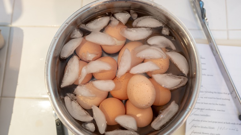hard-boiled eggs in ice water bath