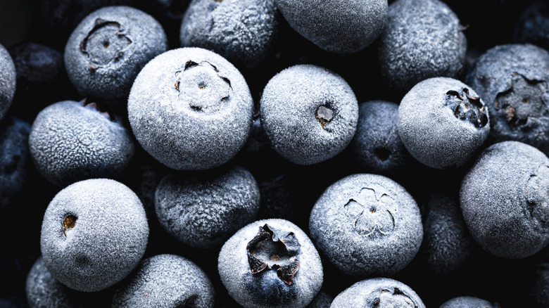 Close-up view of frozen blueberries
