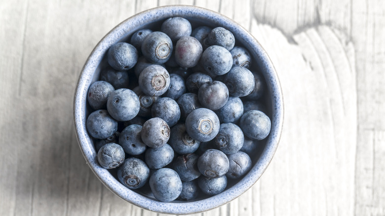 Bowl of fresh blueberries with prominent silvery-white bloom