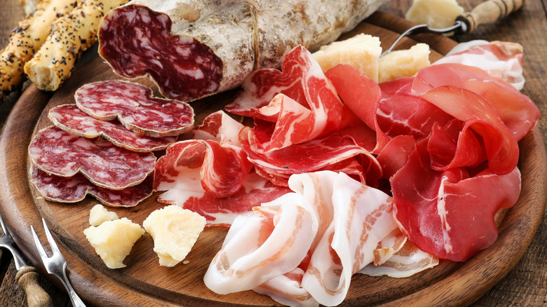 A platter of sliced cured meats
