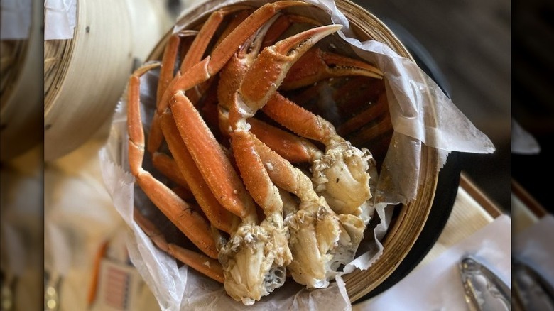 Closeup of a basket of crab legs at Crab House Brooklyn