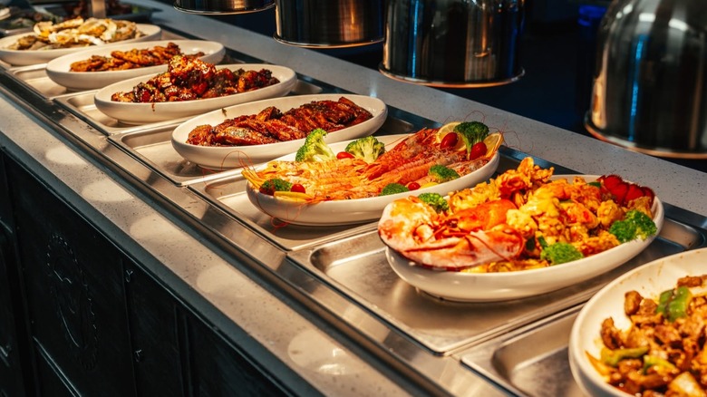 Dishes of seafood on offer at a buffet