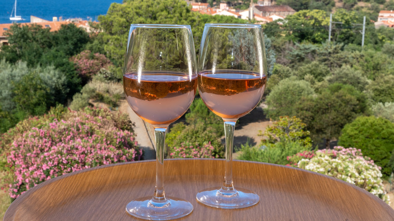 Two glasses of rose with the sea and foliage in the background