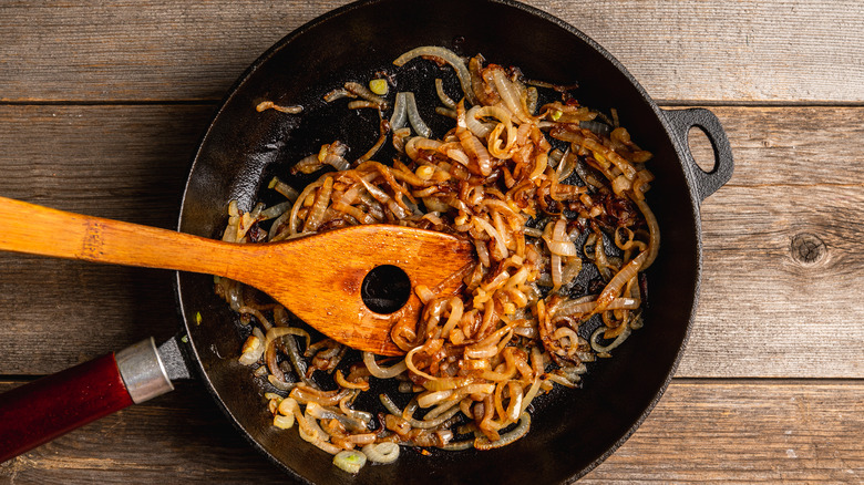 Onions browning in cast iron skillet