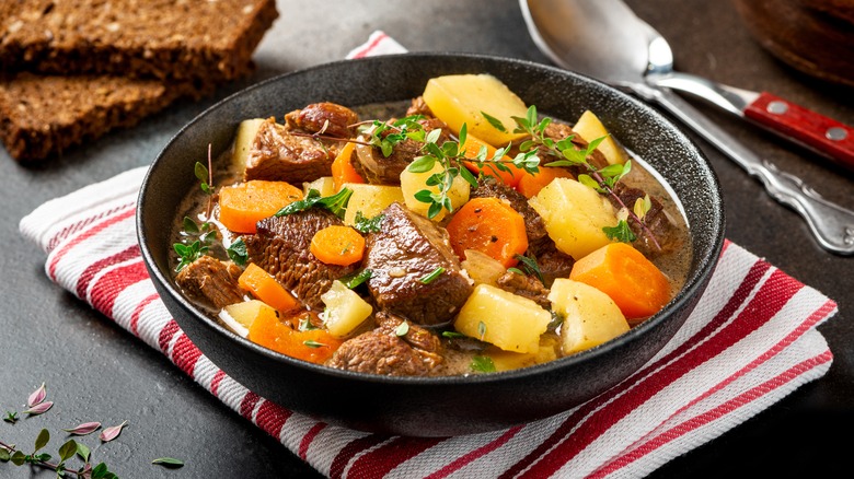 Beef stew in ceramic bowl