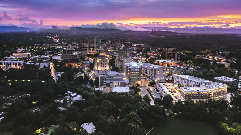 downtown Asheville, North Carolina at sunset