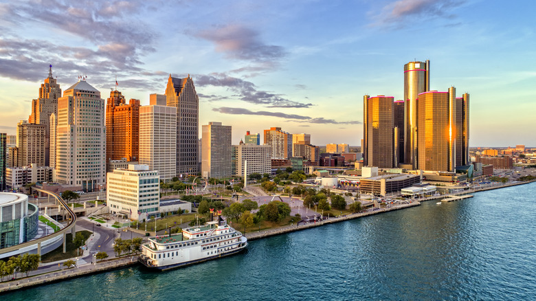 aerial photo of Detroit skyline
