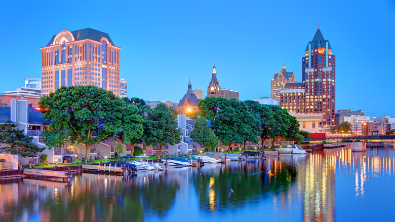 riverside of Milwaukee, Wisconsin in the evening 