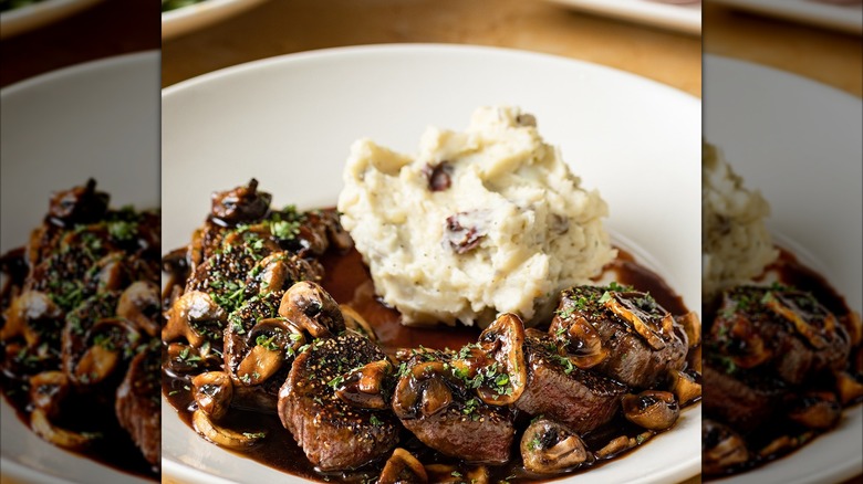 Plate of steak and mashed potatoes