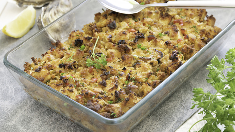 oyster cornbread dressing with spoon