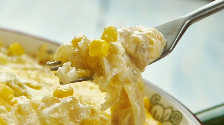 close up of scalloped corn scoop