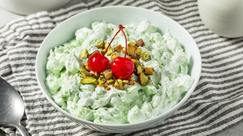watergate salad topped with cherries