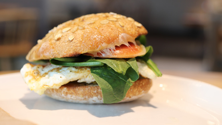 Close-up of breakfast sandwich from Panera that contains egg