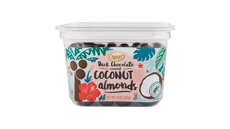 A plastic tub of Choceur Dark Chocolate Covered Coconut Almonds