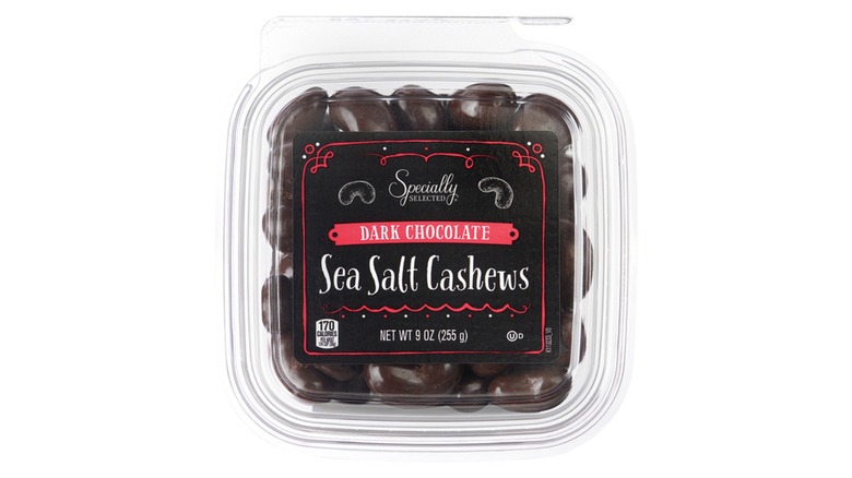 Overhead angle of a container of Specially Selected Dark Chocolate Sea Salt Cashews from Aldi