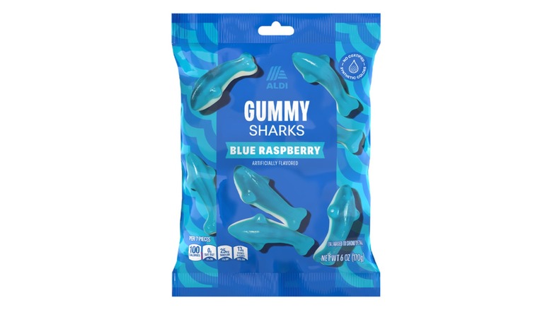 A bag of Aldi Blue Raspberry Gummy Sharks from Aldi