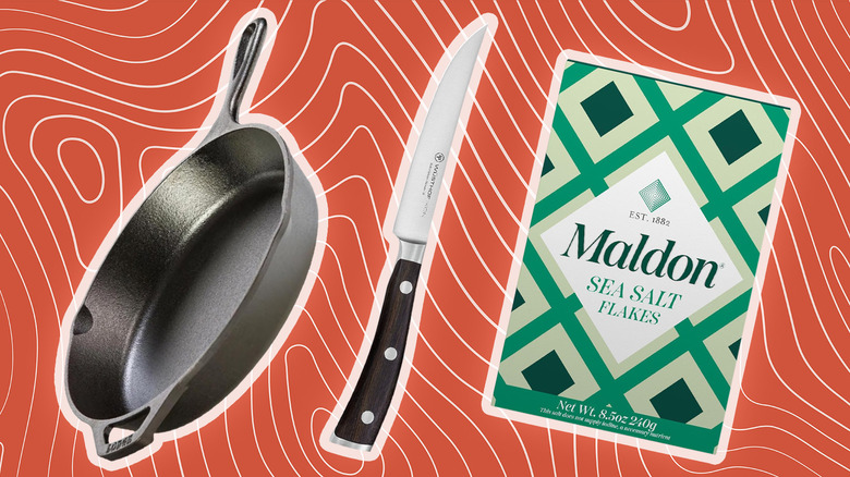 A cast iron skillet, a steak knife, and box of maldon sea salt.