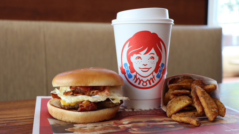 Wendy's coffee, Baconator, and seasoned potatoes.